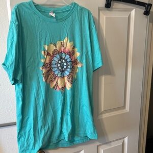 Turquoise Tee with Floral Medallion Graphic